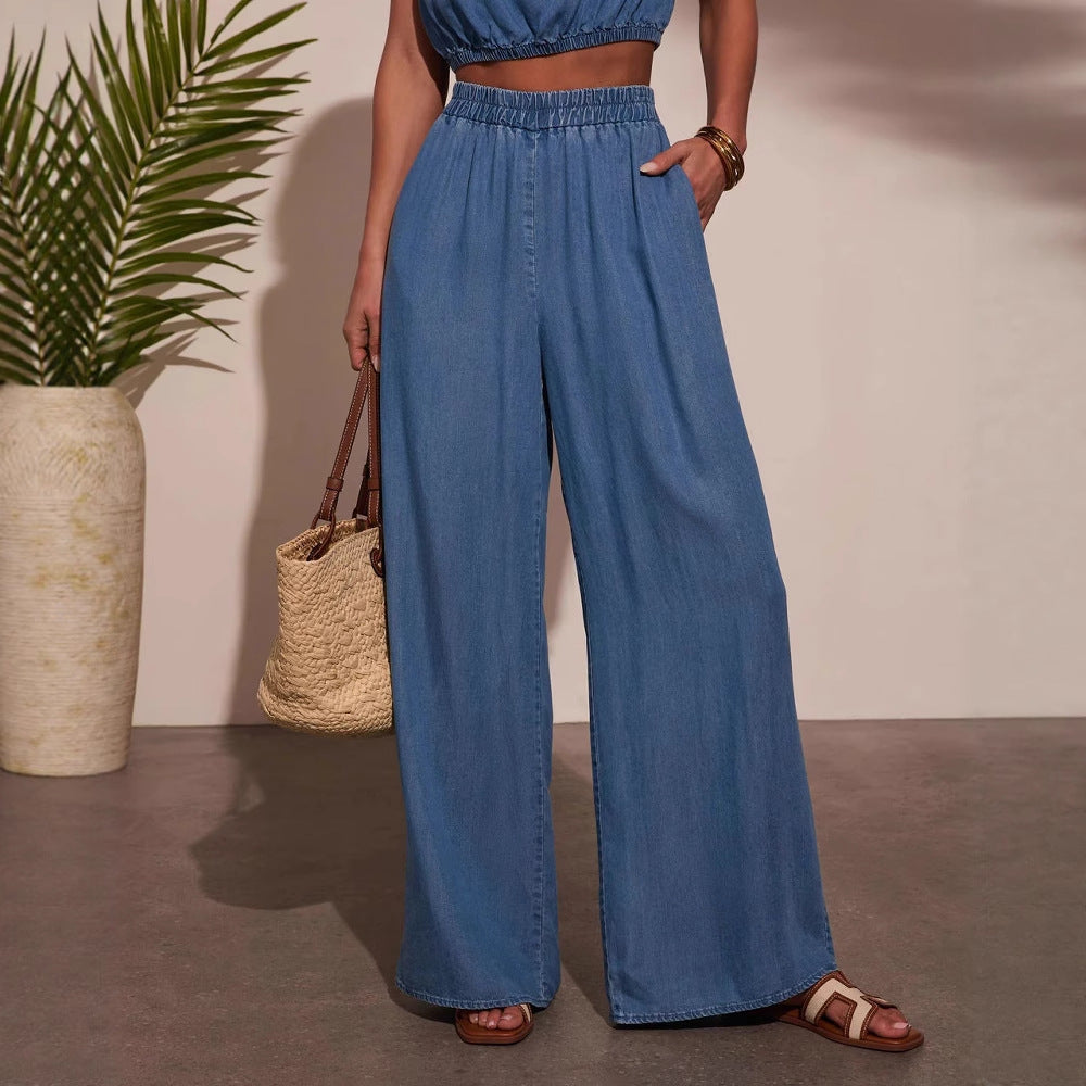 Damen Lässiges Oversized Jeans-Set mit geknotetem Oberteil und weiten Beinen