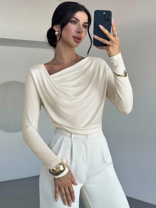 Damen elegantes drapiertes Langarm-Top mit Wasserfallkragen und taillierter Silhouette Shop Nory