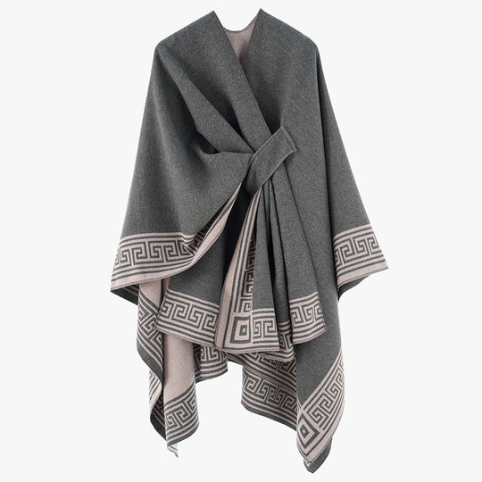 Damen Wendbarer Poncho aus Kaschmir‑Mischung mit grafischem Bordürenprint und Taillengürtel Shop Nory