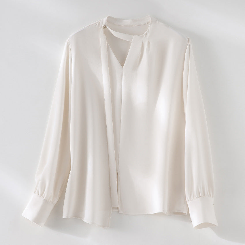 Damen elegante oversized Bluse mit asymmetrischem V-Ausschnitt und Manschetten Shop Nory