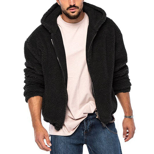 Herren kuschelige Fleecejacke mit großzügiger Kapuze und Reißverschluss