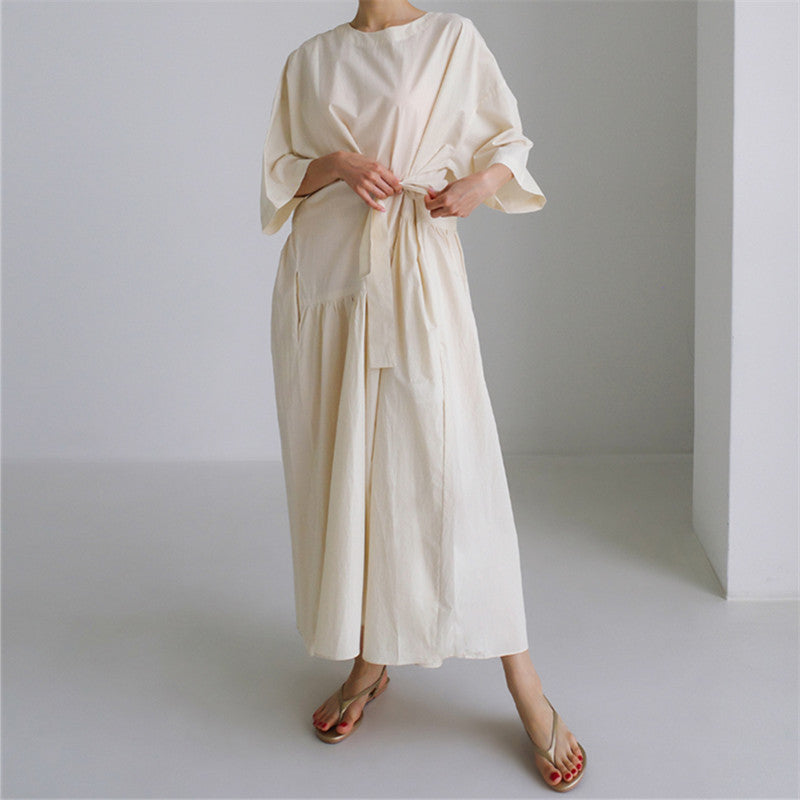 Damen Langes Baumwoll-Maxikleid mit Wickelgürtel und Eingrifftaschen Shop Nory