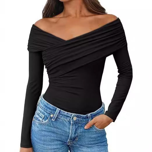 Damen Off-Shoulder Langarm-Top mit Wickeloptik und figurbetontem Stretch-Jersey Shop Nory
