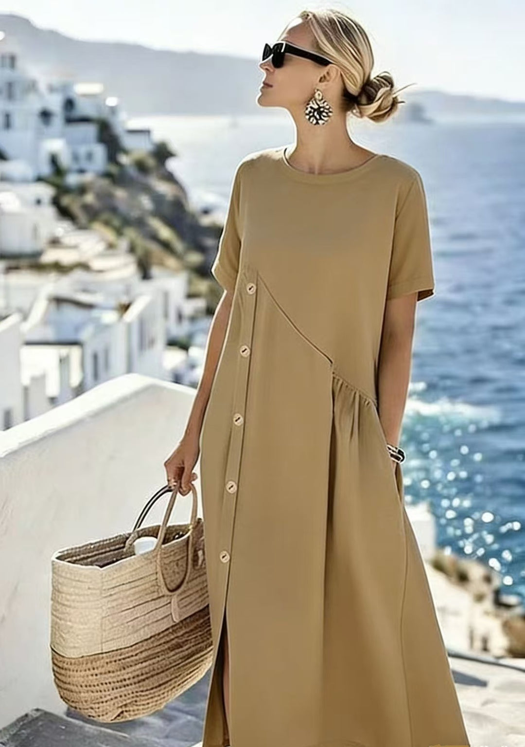 Damen Luftiges Sommerkleid mit seitlicher Knopfleiste, kurzen Ärmeln und Schlitz Shop Nory
