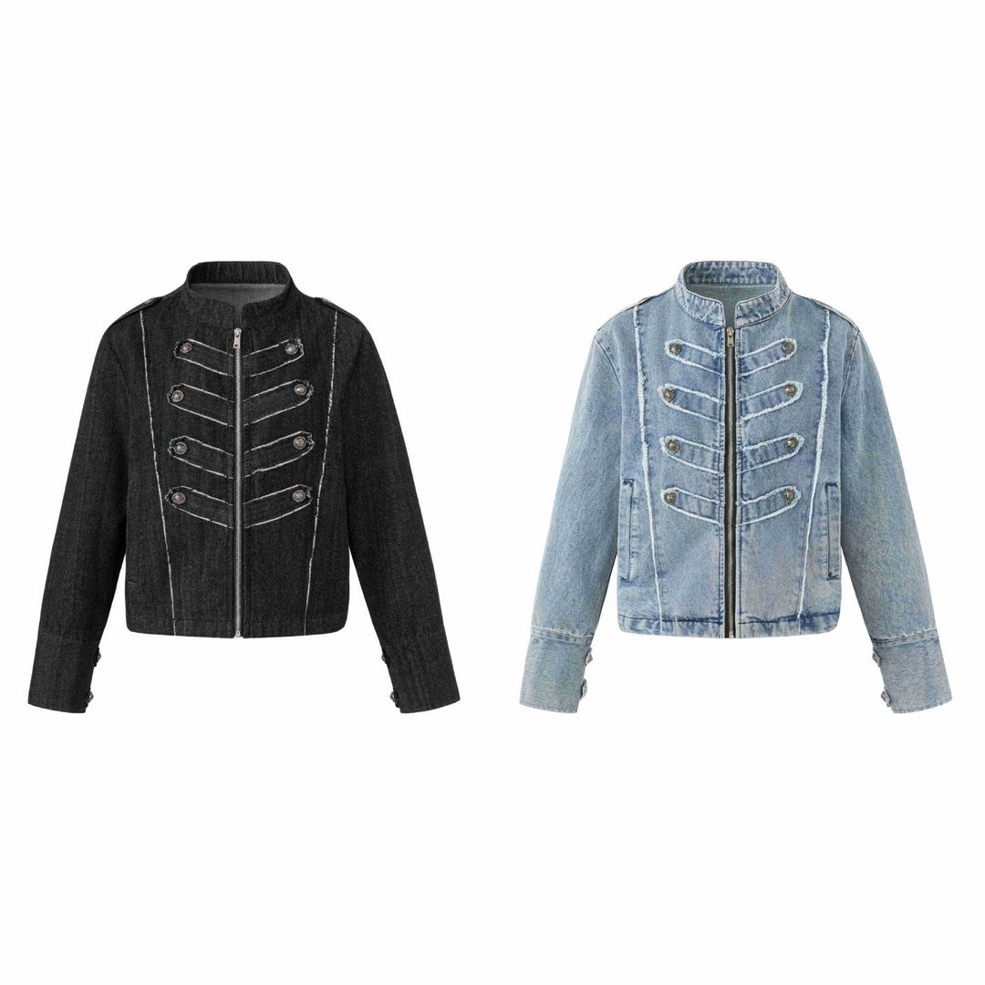 Damen Denim‑Blouson im Military‑Look mit Stehkragen und Zierknopfleiste Shop Nory