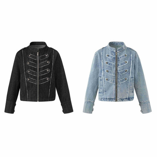 Damen Denim‑Blouson im Military‑Look mit Stehkragen und Zierknopfleiste Shop Nory