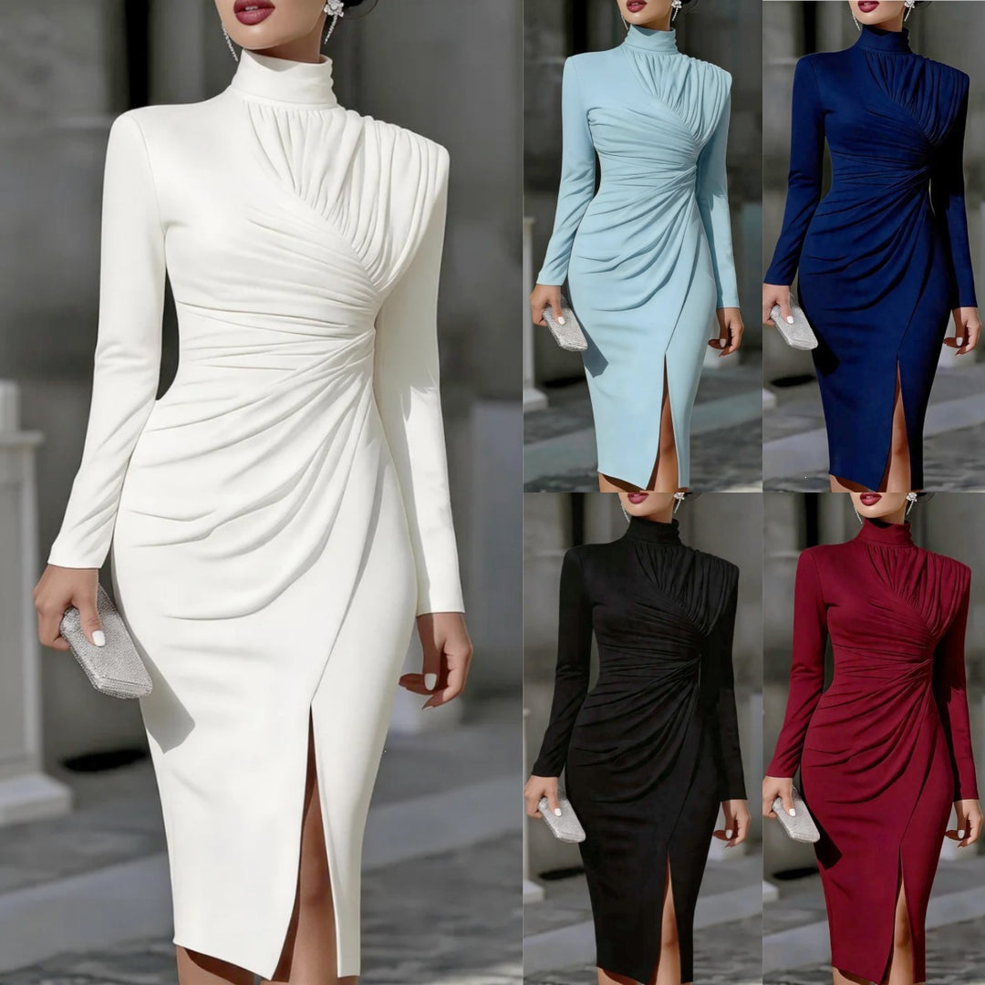 Damen Elegantes Midikleid mit geraffter Drapierung, Stehkragen und Beinschlitz Shop Nory