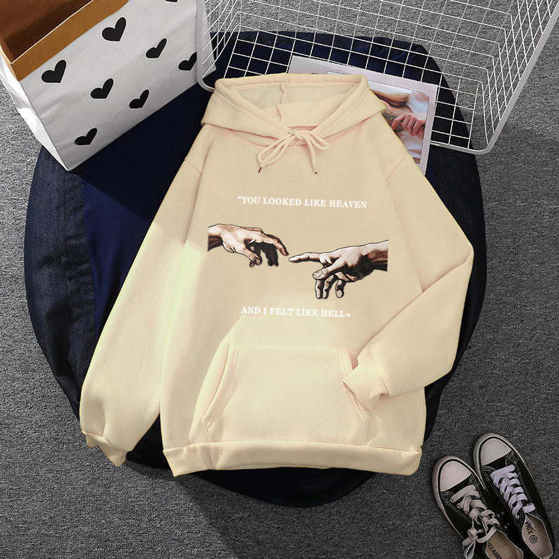 Damen nan Oversize Kapuzenpullover mit Kängurutasche und Renaissance‑Handmotiv, weiches Fleece Innenfutter Shop Nory