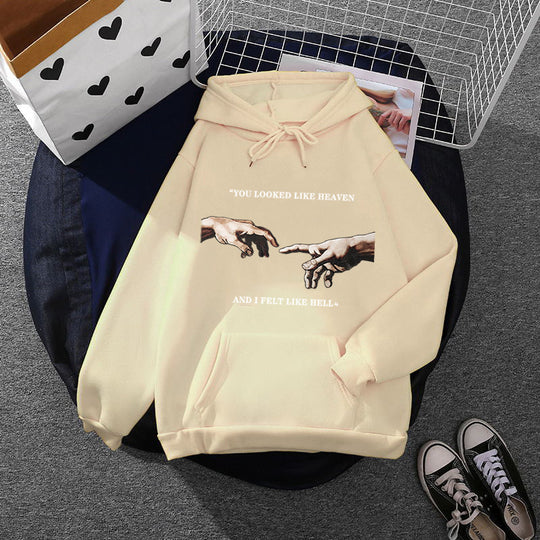 Damen nan Oversize Kapuzenpullover mit Kängurutasche und Renaissance‑Handmotiv, weiches Fleece Innenfutter Shop Nory