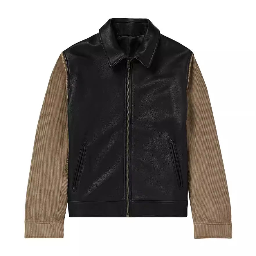 Herren Lederjacke mit Cord-Ärmeln, Hemdkragen und durchgehendem Reißverschluss Shop Nory