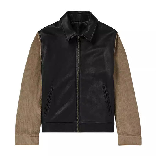 Herren Lederjacke mit Cord-Ärmeln, Hemdkragen und durchgehendem Reißverschluss Shop Nory