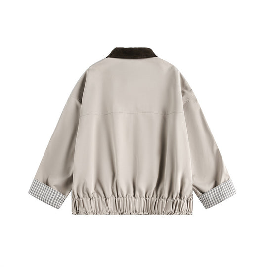 Unisex Kurz geschnittene Boxy‑Blousonjacke mit Cordkragen und kariertem Ärmelumschlag Shop Nory