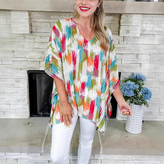 Damen Oversized V‑Neck Tunika im Plissee‑Look mit abstraktem Ikat‑Print Shop Nory