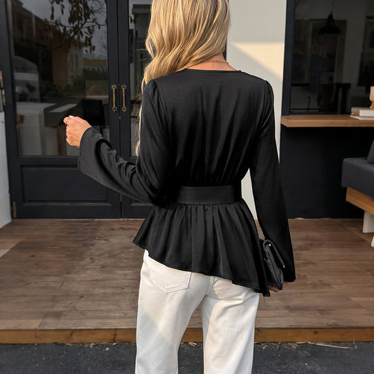 Damen Wickelbluse mit Schößchen, Taillengürtel und V-Ausschnitt Shop Nory