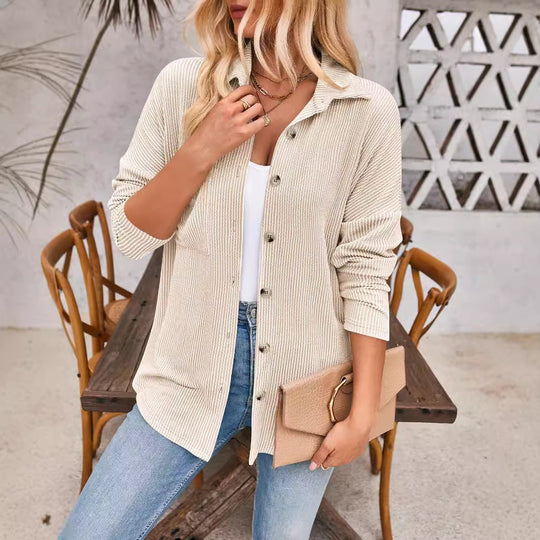 Damen Gerippte Oversize-Hemdjacke mit durchgehender Knopfleiste und Hemdkragen Shop Nory