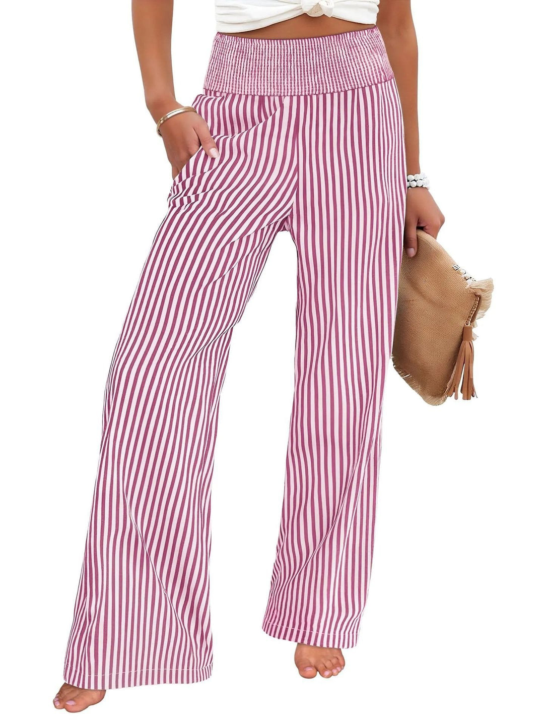 Damen Gestreifte Palazzo-Hose mit hohem, gerafftem Bund und weitem Bein Shop Nory