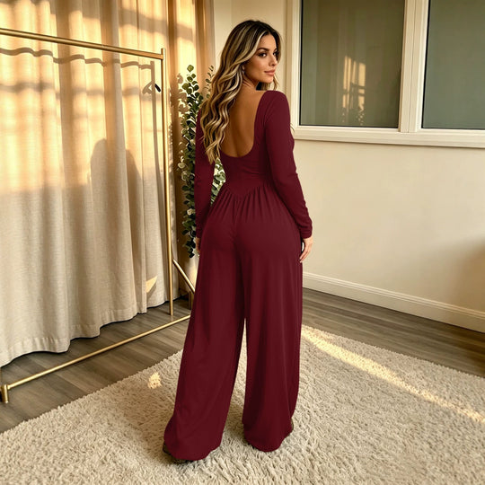 Damen Langer Jumpsuit mit weitem Bein, tiefem Rundhals und Eingrifftaschen Shop Nory