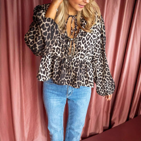 Damen Bluse mit Leopardenprint, Bindebändern und Ballonärmeln Shop Nory