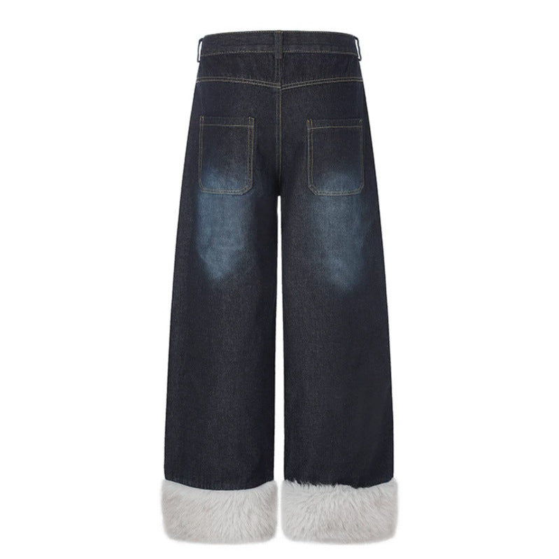 Damen weite hochgeschnittene Denim-Palazzohose mit Karopatchtasche und Kunstfellbesatz am Saum Shop Nory