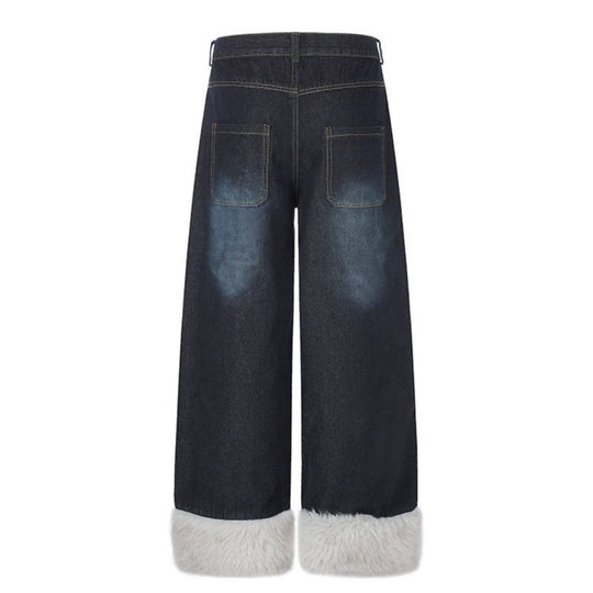 Damen weite hochgeschnittene Denim-Palazzohose mit Karopatchtasche und Kunstfellbesatz am Saum Shop Nory