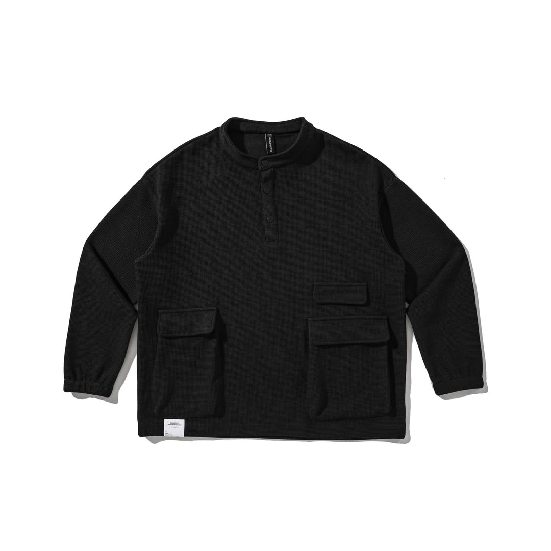 Herren Waffelstrick-Henley-Pullover mit Stehkragen, Druckknopfleiste und großen Utility-Taschen Shop Nory