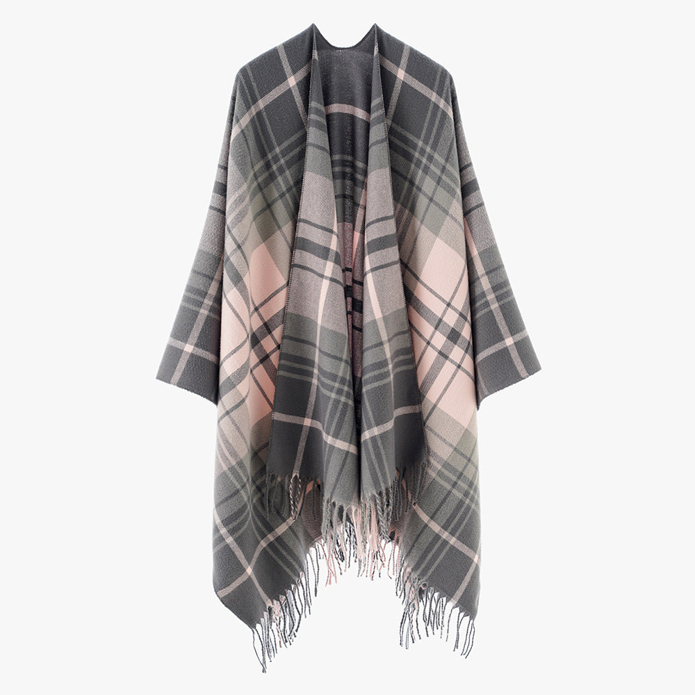 Damen Reiner Wolloptik-Überwurf im Tartan-Karo mit offener Front und Fransensaum Shop Nory