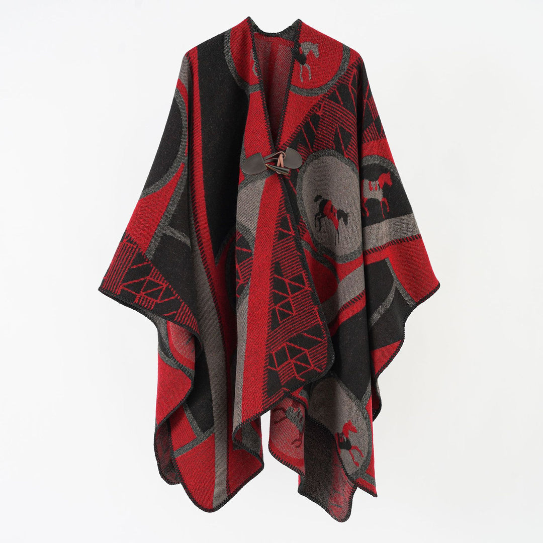 Damen Wollmix-Jacquard-Ruana mit Pferdemotiv, Knebelverschluss und offener Kimono-Silhouette Shop Nory