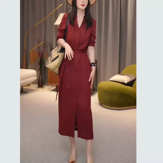Damen Langes Hemdkleid mit Wickeloptik, Kordel-Taillengürtel und Beinschlitz Shop Nory