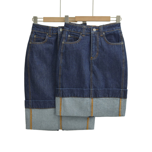 Damen Hochtaillierter Midirock aus Denim mit sichtbaren Nähten und umgeschlagener Saum Shop Nory
