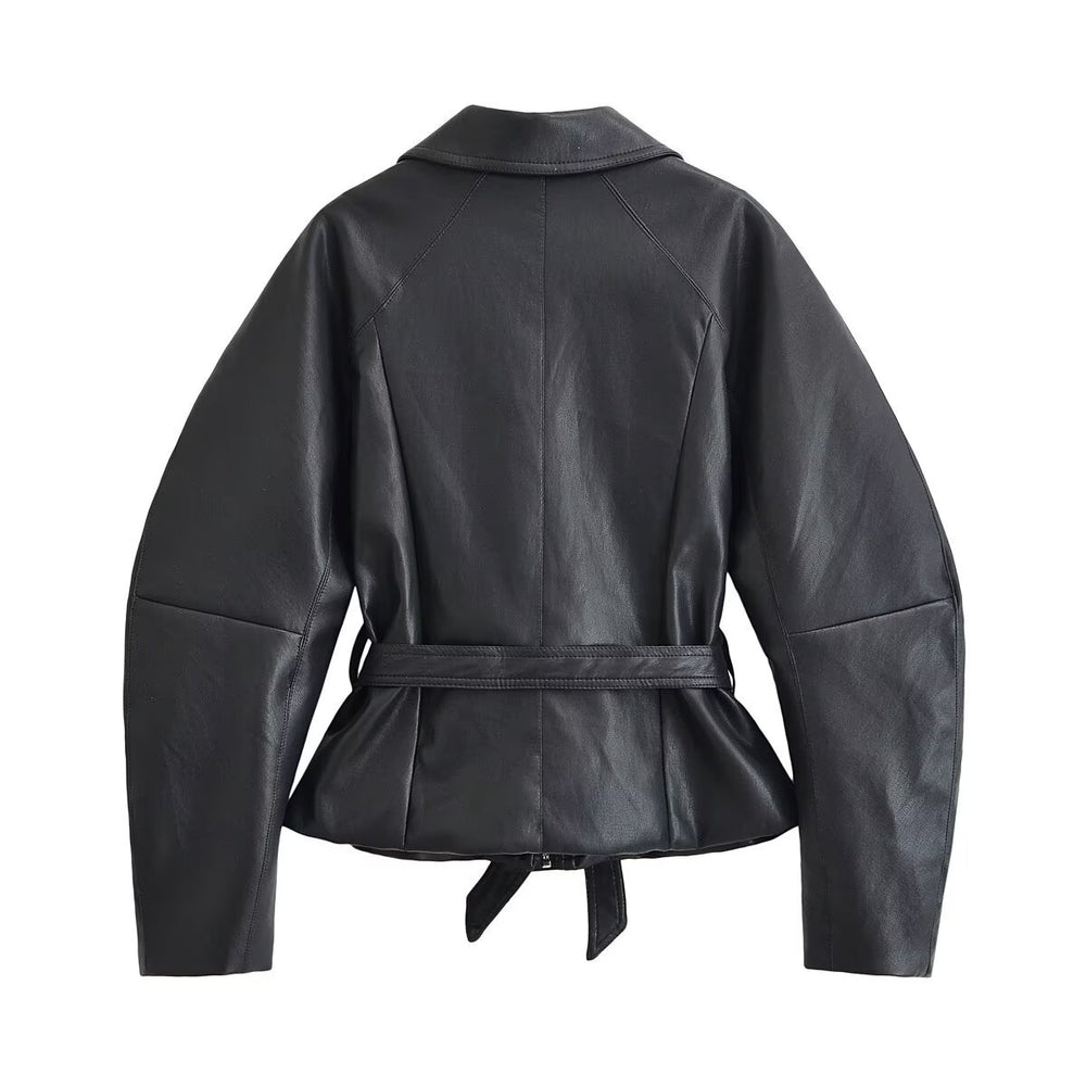 Damen Taillierte Lederoptik‑Jacke mit Bindegürtel und Raglanärmeln Shop Nory