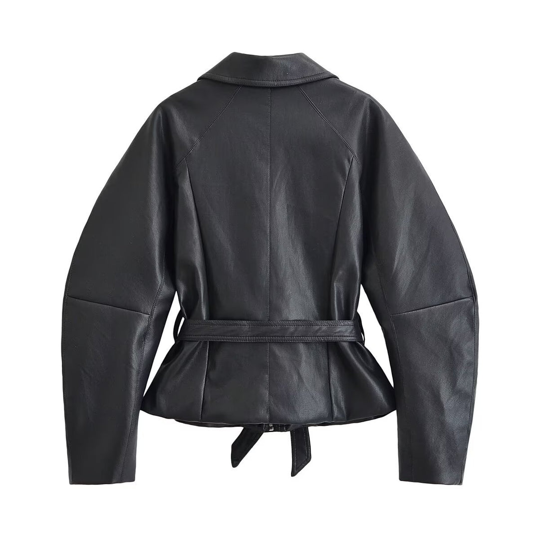 Damen Taillierte Lederoptik‑Jacke mit Bindegürtel und Raglanärmeln Shop Nory