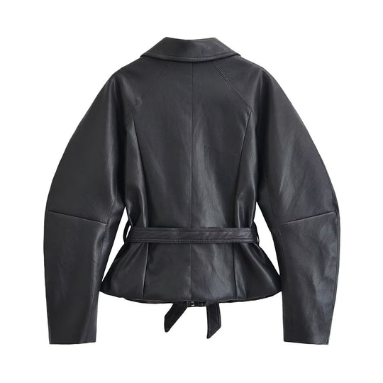 Damen Taillierte Lederoptik‑Jacke mit Bindegürtel und Raglanärmeln Shop Nory