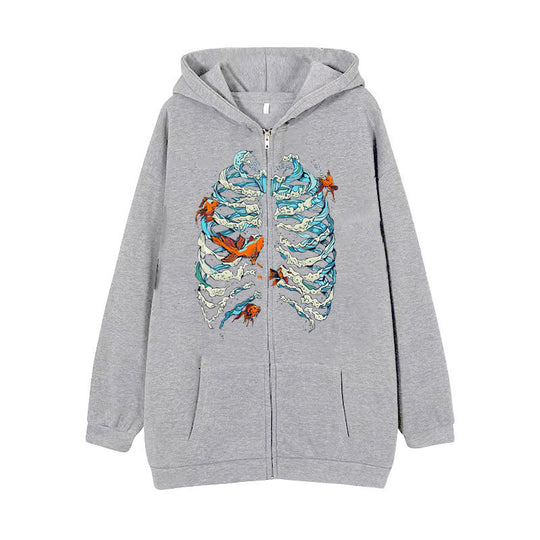Damen nan Kapuzenjacke mit durchgehendem Reißverschluss und Rippenherz-Print Shop Nory