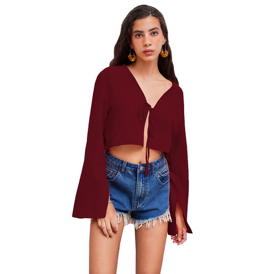Damen kurzes Bindecrop-Top mit V-Ausschnitt, Knotenbindetail und Glockenärmeln Shop Nory