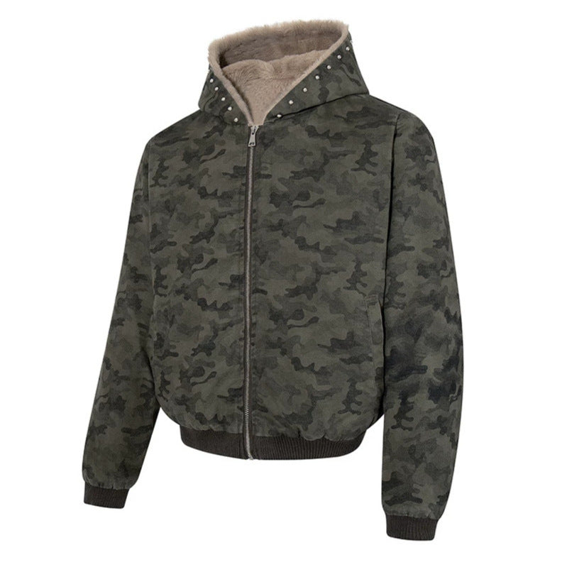 Damen gefütterte Camouflage-Bomberjacke mit Teddy-Innenfutter, Kapuze und Rippbündchen Shop Nory