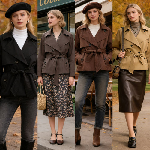 Damen Gekürzte Taillengürtel-Trenchjacke mit breitem Revers und Pattentaschen Shop Nory