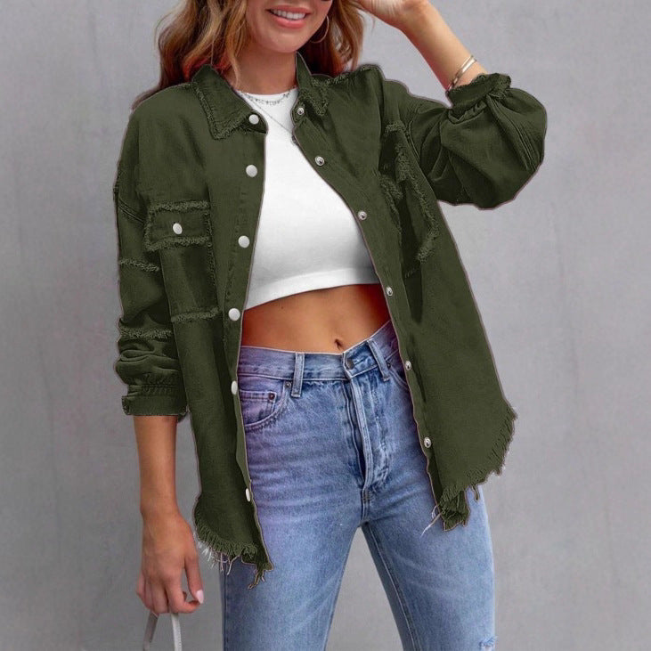 Damen Lässige Oversized-Denim-Hemdjacke mit Rohsaum und Pattentaschen Shop Nory