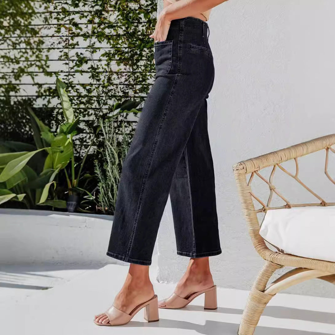 Damen High-Waist Jeans mit Knopfdetail und weitem Bein