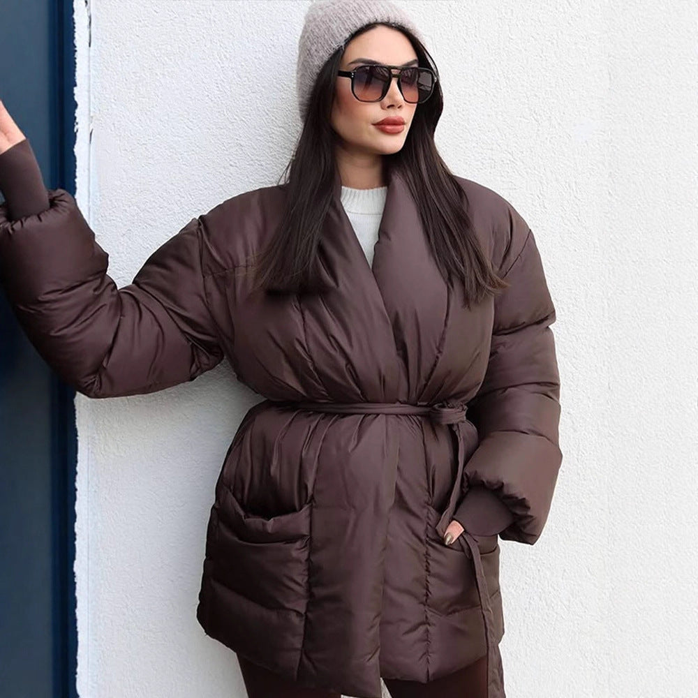 Damen Gesteppte Taillierte Steppjacke mit Schalkragen und Bindegürtel Shop Nory