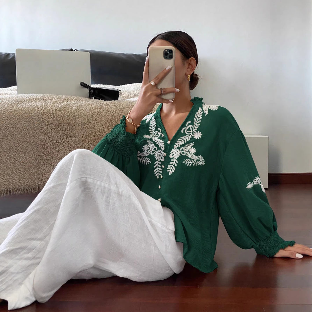 Damen Boho-Bluse mit Puffärmeln, Stickerei und Perlenknöpfen Shop Nory