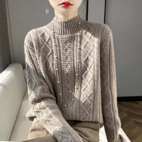 Damen Kuscheliger Mohair‑Optik Mockneckpullover mit Rautenzopfstruktur und kastiger Silhouette Shop Nory