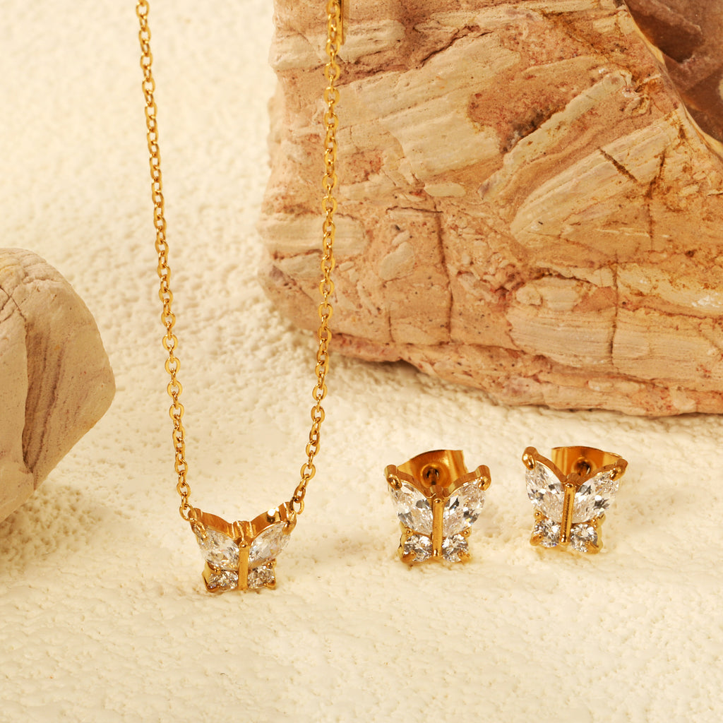 Damen Schmuckset mit funkelndem Schmetterlingsdesign aus Edelstahl und Zirkonia Shop Nory