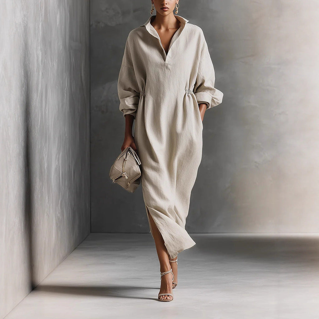 Damen stilvolles Midikleid mit Bindegürtel und klassischem Kragen