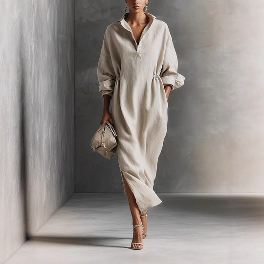 Damen stilvolles Midikleid mit Bindegürtel und klassischem Kragen