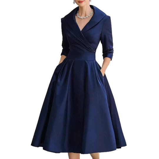 Damen Elegantes Satin-Midikleid mit Wickeloberteil, mittellangen Ärmeln und Eingrifftaschen Shop Nory