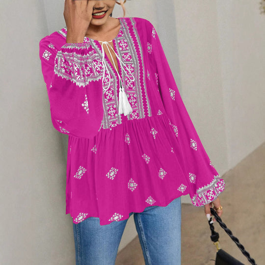 Damen Bestickte Boho-Tunika-Bluse mit Quastenbändern und stufigem Saum Shop Nory