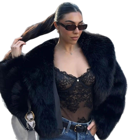 Damen Kurze Cropped Kunstpelzjacke mit voluminösem Schalkragen Shop Nory