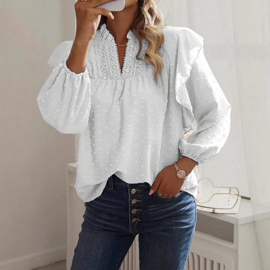 Damen Viskose-Bluse mit Spitzenstickerei und Volantärmeln Shop Nory