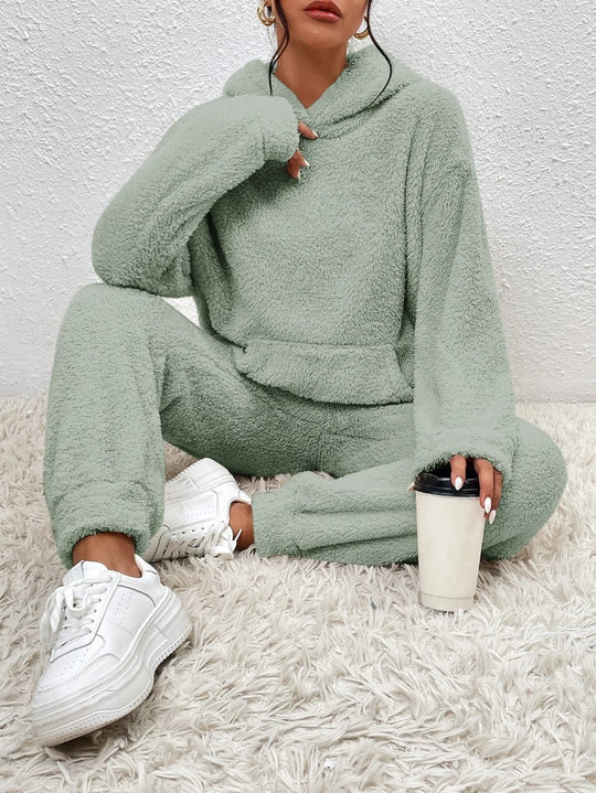 Damen nan kuscheliges Teddy-Fleece Hausanzug-Set mit Kapuze, Kängurutasche und elastischer Jogginghose Shop Nory