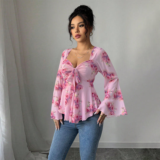 Damen florales Chiffon-Top mit Bindeschleife, Herzausschnitt, ausgestellten Glockenärmeln und tailliertem Schößchen Shop Nory
